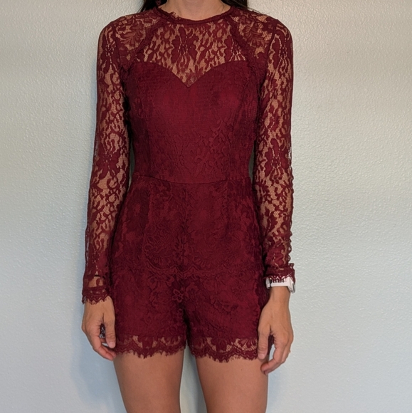 Burgundy Lace Long Sleeve Romper - Picture 1 of 7